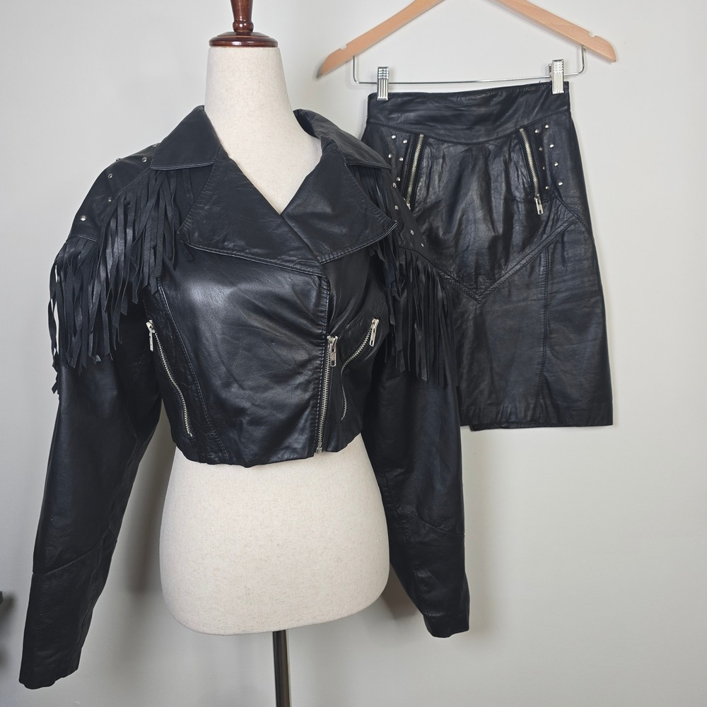 Vintage Chia Black Leather Fringe Studded Cropped Jacket Skirt Set Size M 6